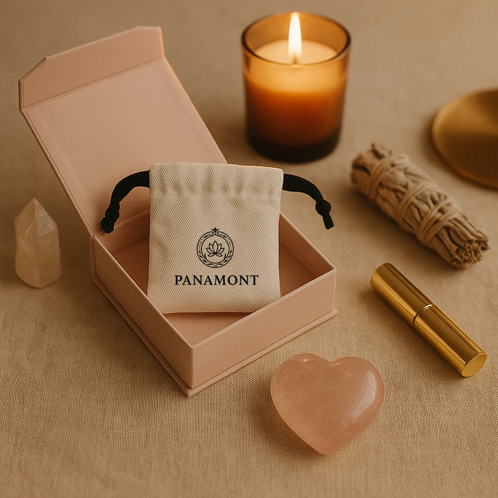 Baumwollebeutel mit Panamont Logo in einer Rosa box