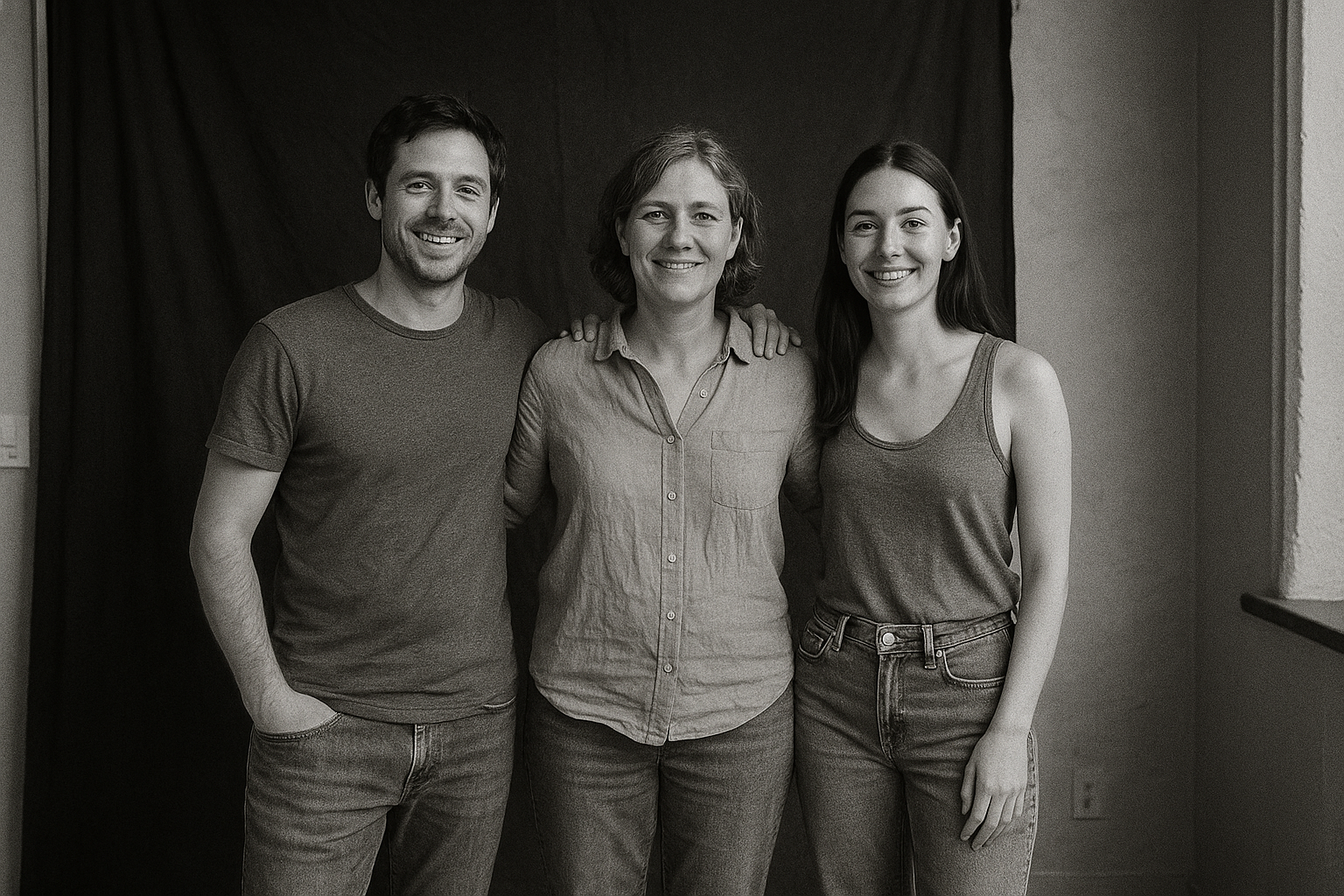 Familienfoto von 3 erwachsenen Personen in schwarz-weiß 