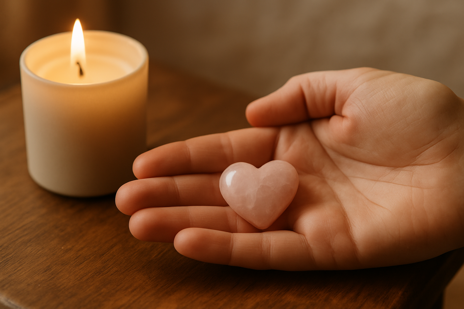 Ein Rosenquarzherz in einer Hand neben einer Leuchtenden Kerze 
